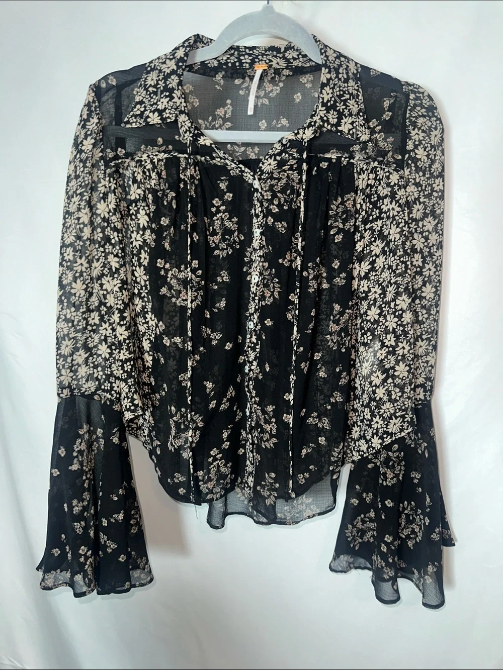 Free People Black Sheer Floral Tie-Front Blouse